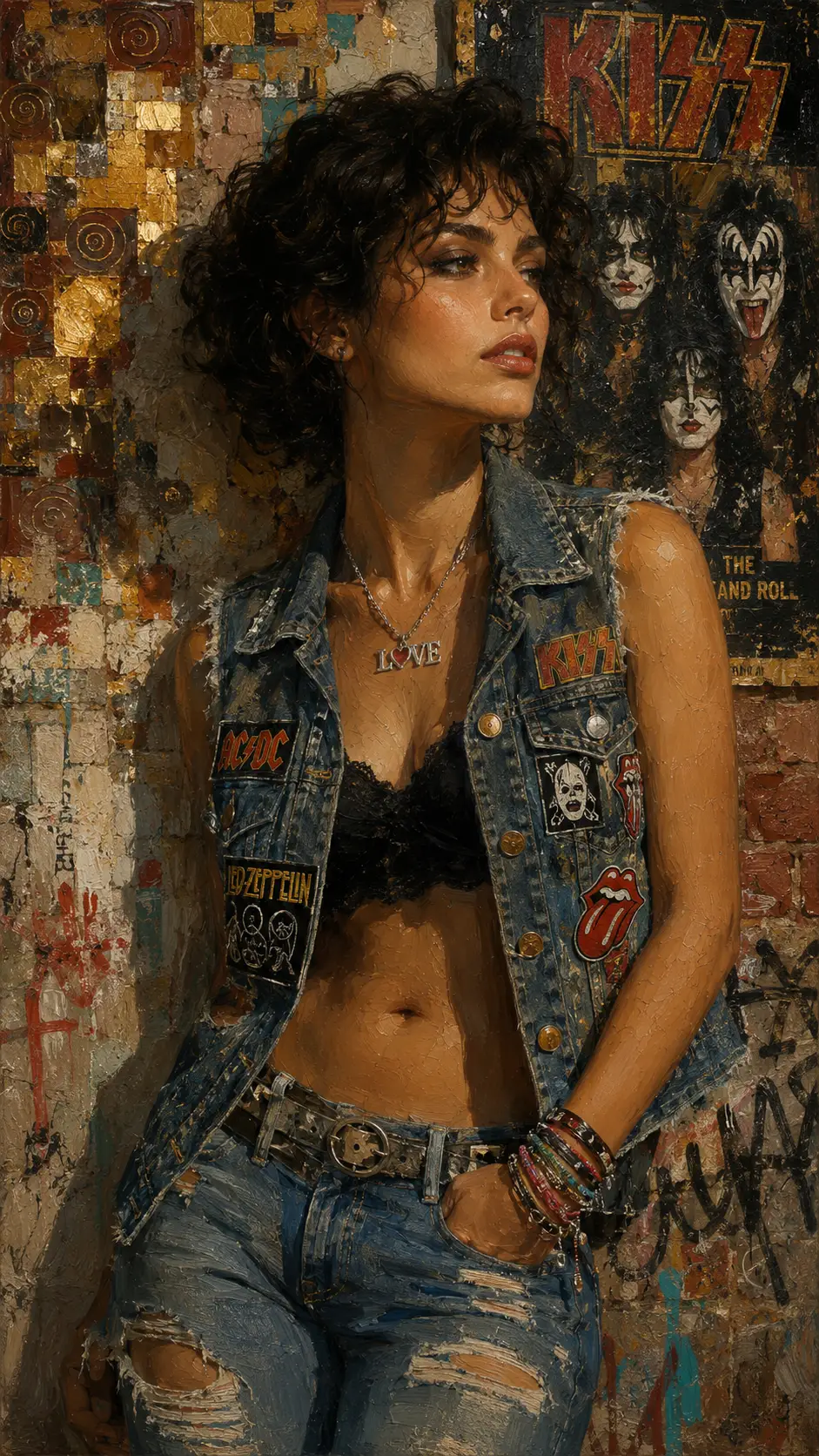 Young Italian woman in denim against urban graffiti wall