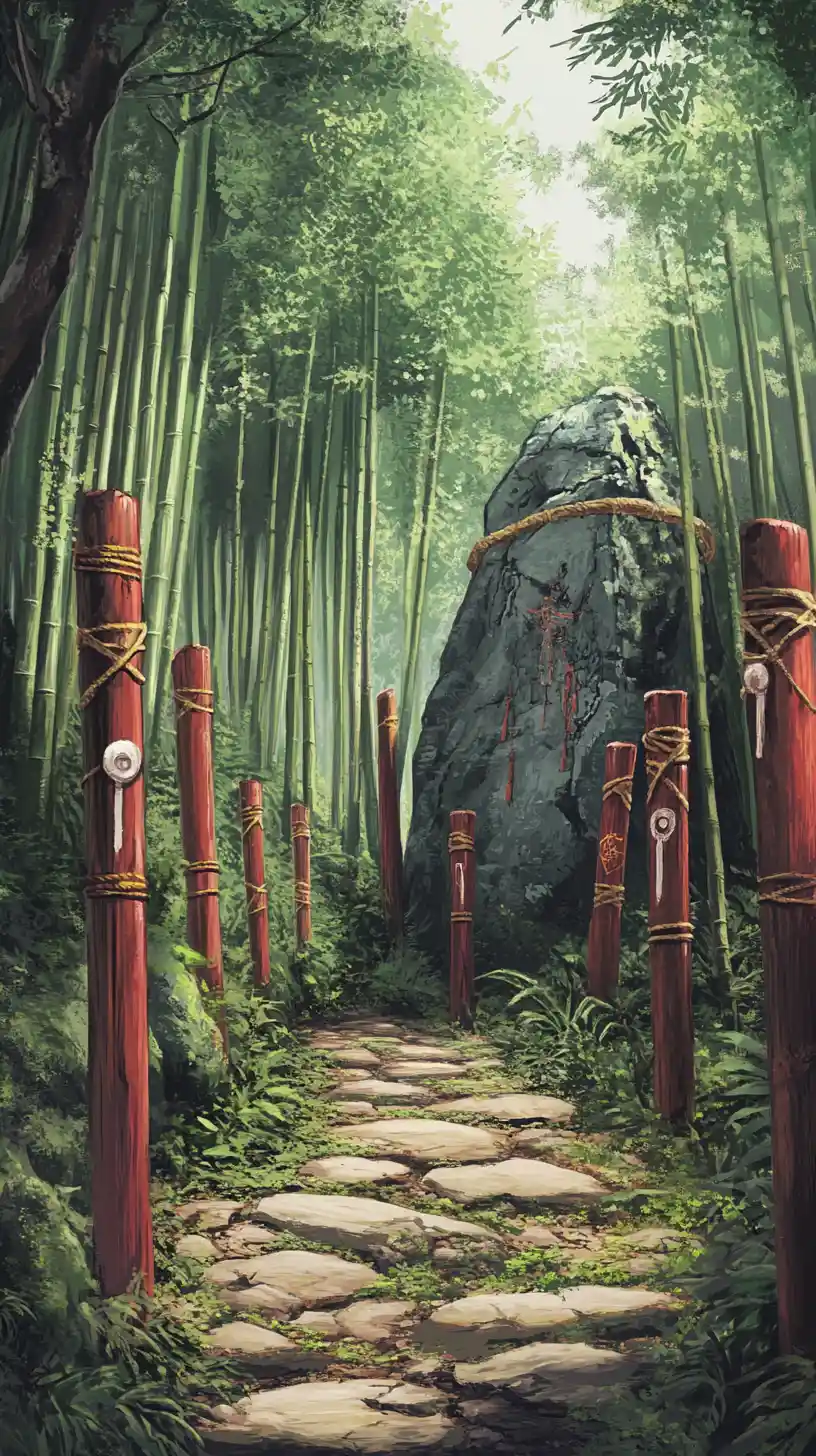 Stone Path Through Bamboo Forest To Ritual Rock