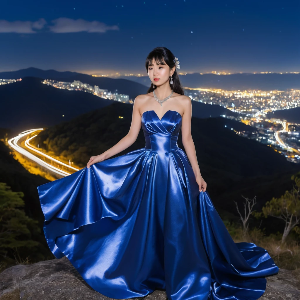 Elegantes Mädchen im blauen Satinabendkleid in der Bergnacht