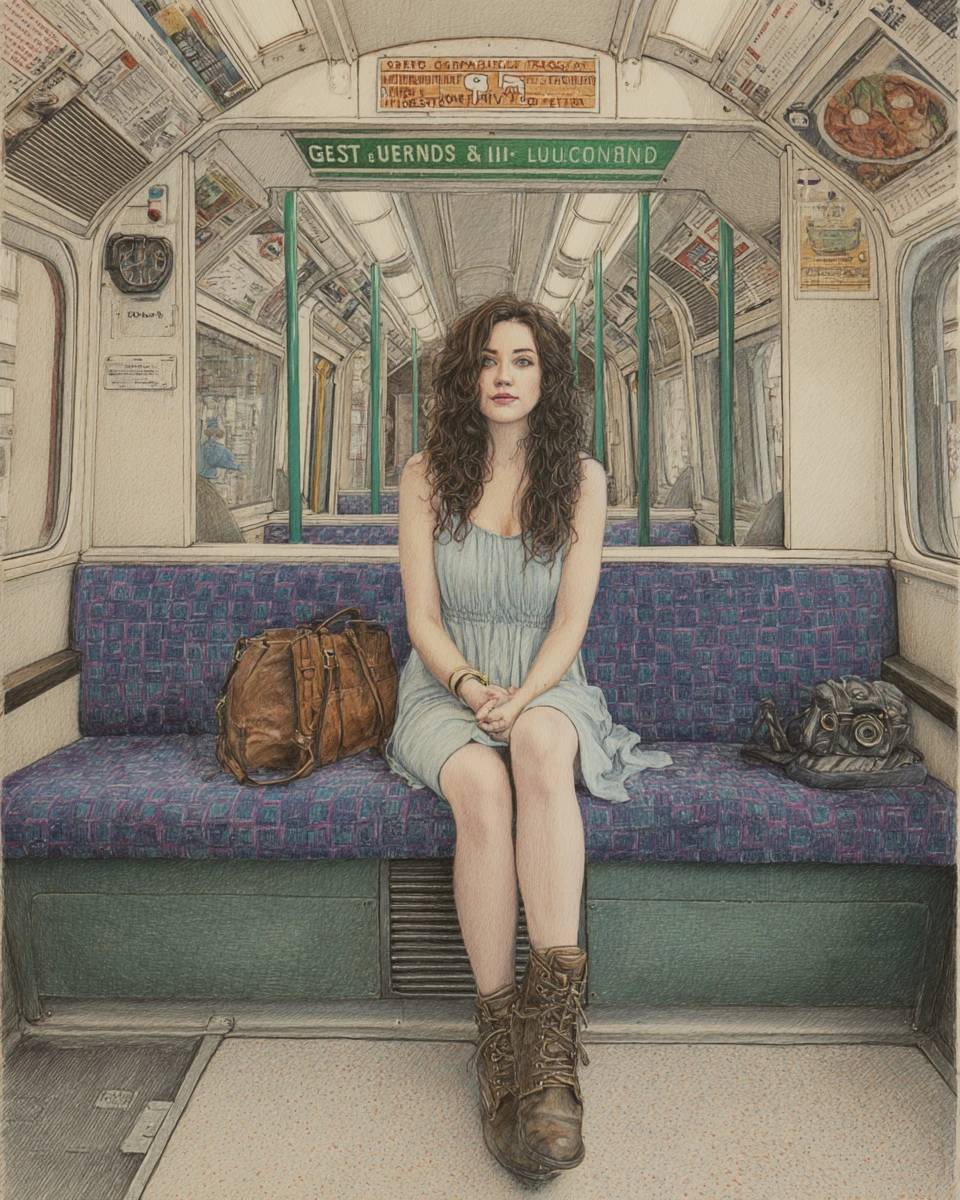 Jovem sentada no metrô de Londres em desenho a lápis