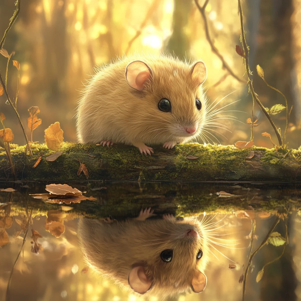 Adorable rat brun se reposant sur une bûche moussue au-dessus de l’eau