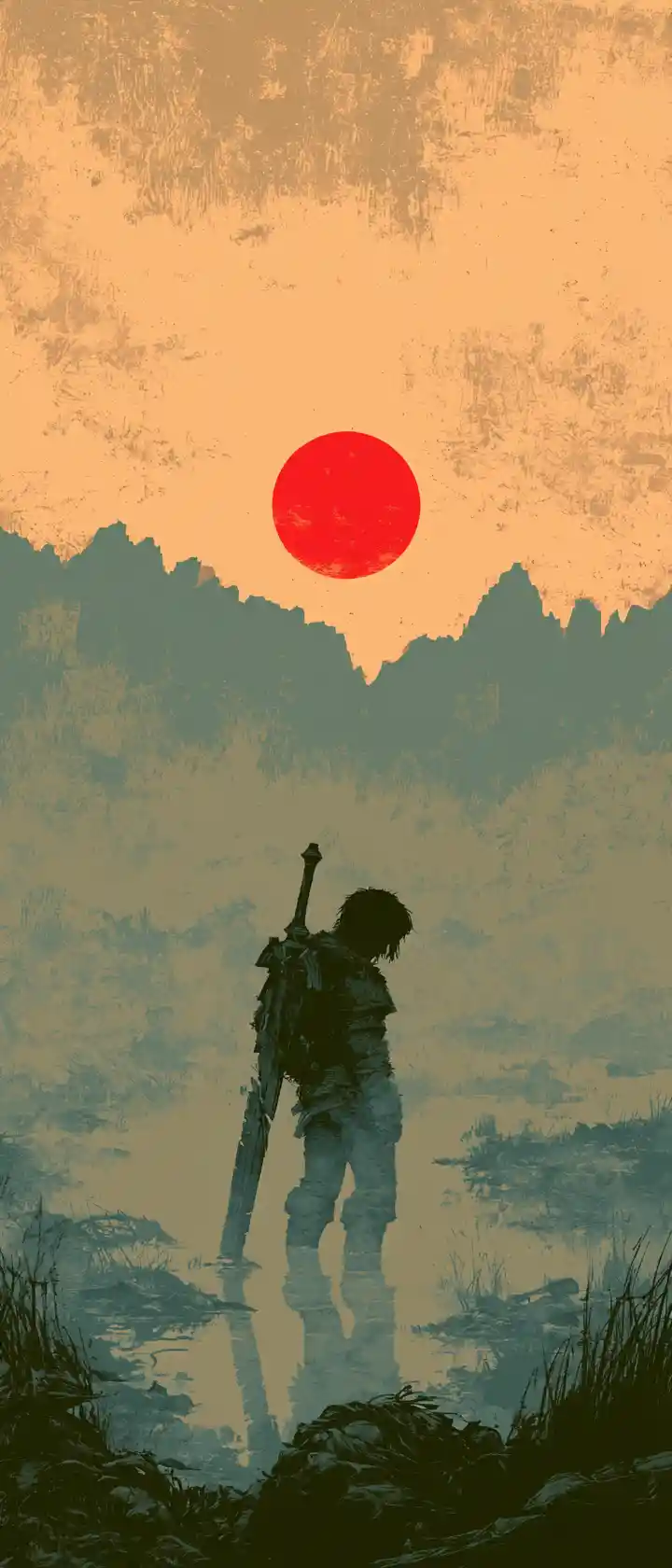 Weary warrior in a misty swamp under a dying sun