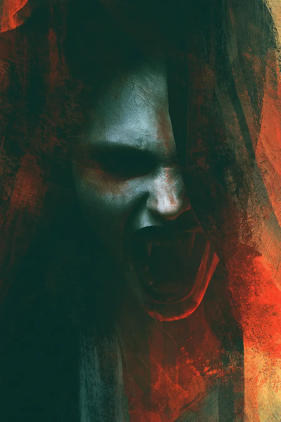Surreal female demon with fangs in dark horror lighting