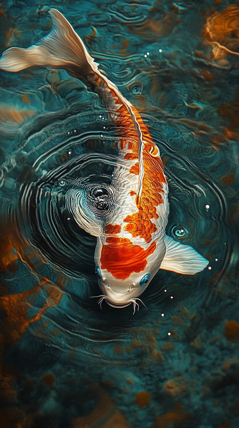 Elegante carpa koi che scivola tra increspature e motivi concentrici