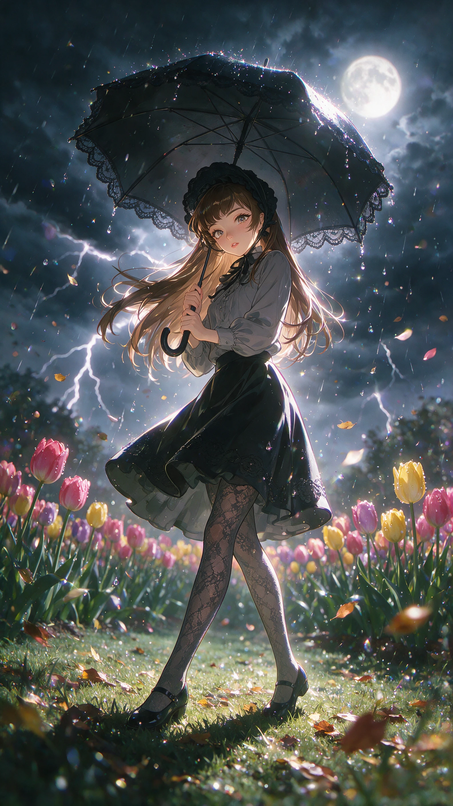 雨のチューリップ庭園で傘をさす夜のアニメ少女