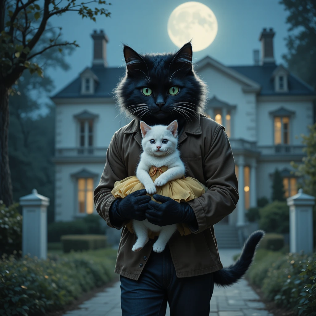 Père chat noir portant un chaton blanc la nuit