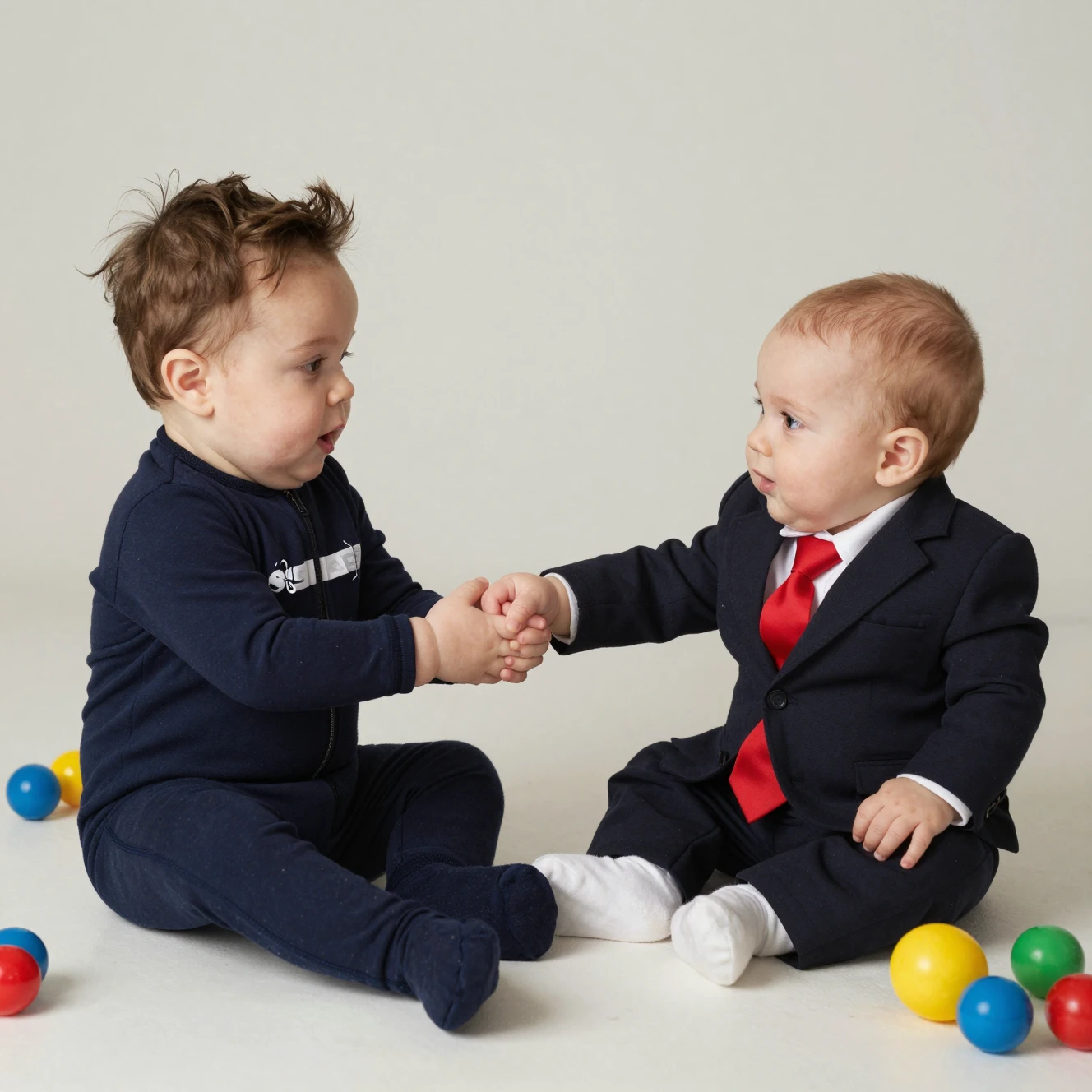 Dois bebês gordinhos e brincalhões puxando brinquedos no chão