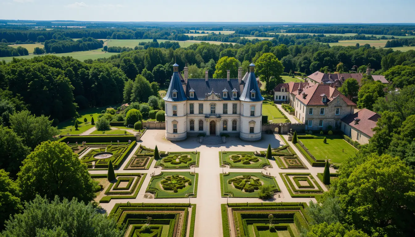 Luftaufnahme eines historischen französischen Château und formaler Gärten