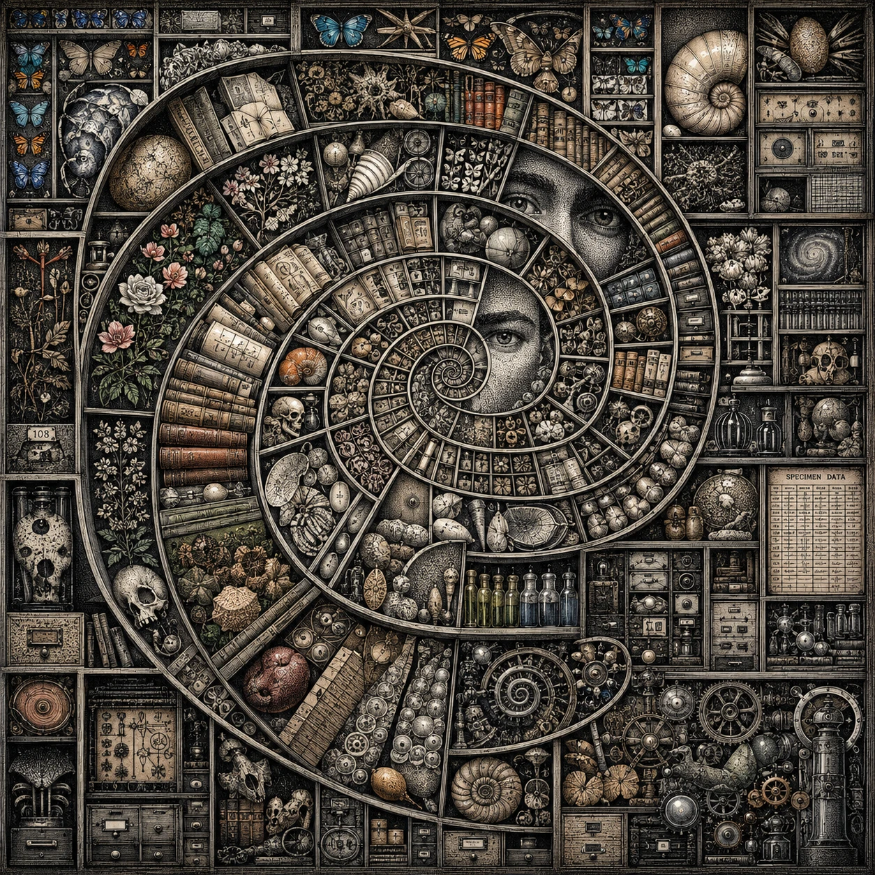 Cabinet de curiosités en spirale aux objets pointillés et complexes