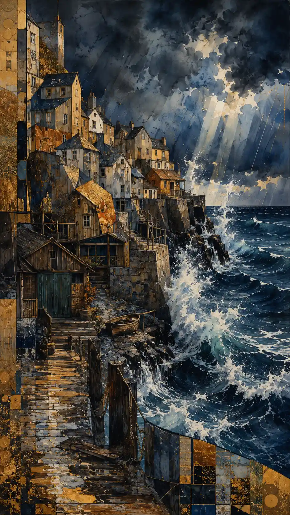 Art deco seaside village facing a powerful storm