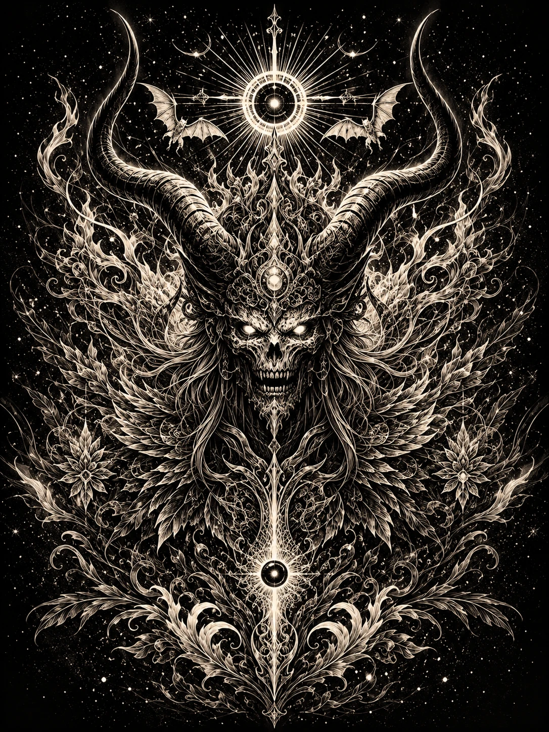 Symmetrical lich king with radiant horns in hellscape