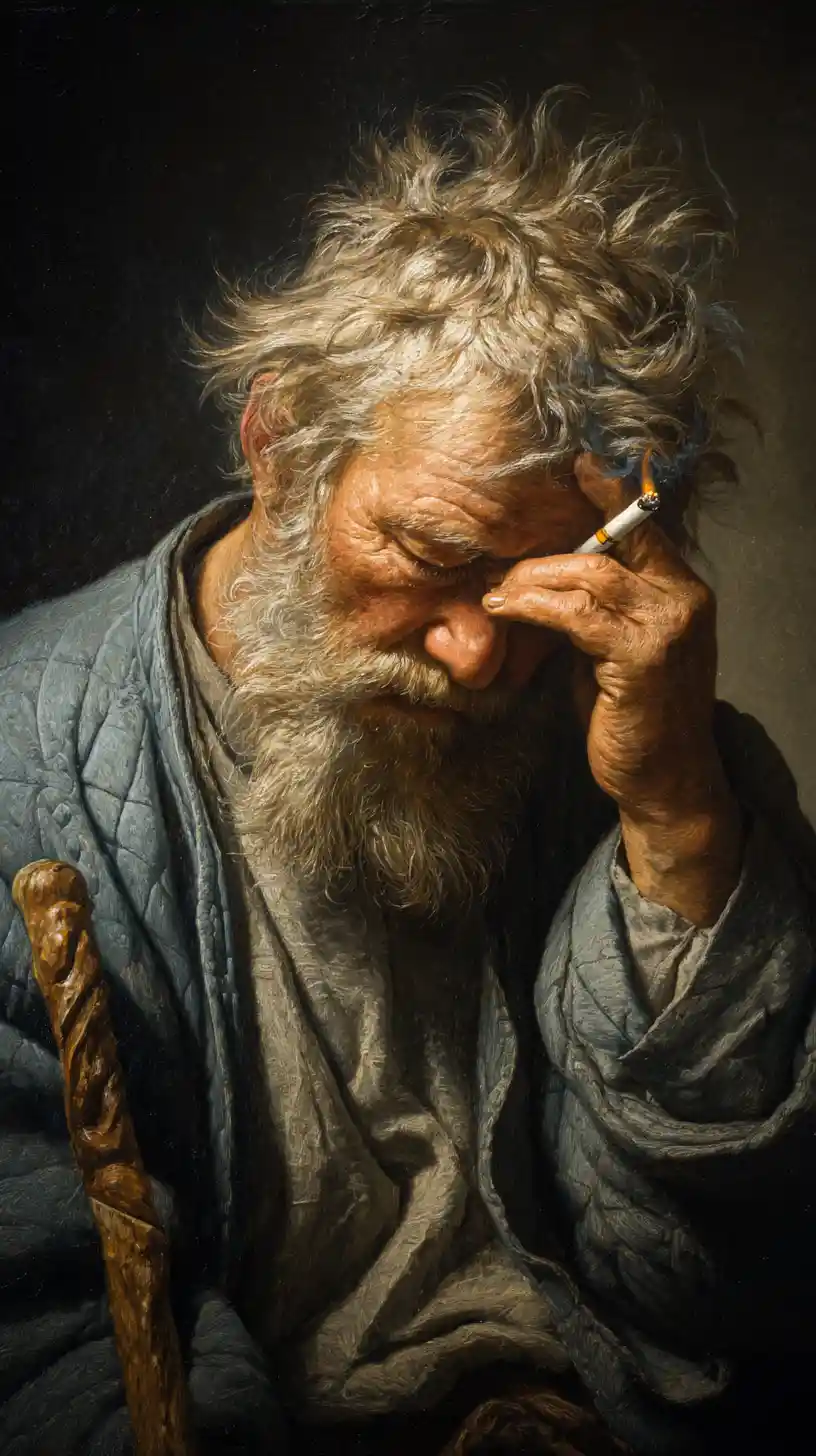 叼著香菸的疲憊老人肖像畫