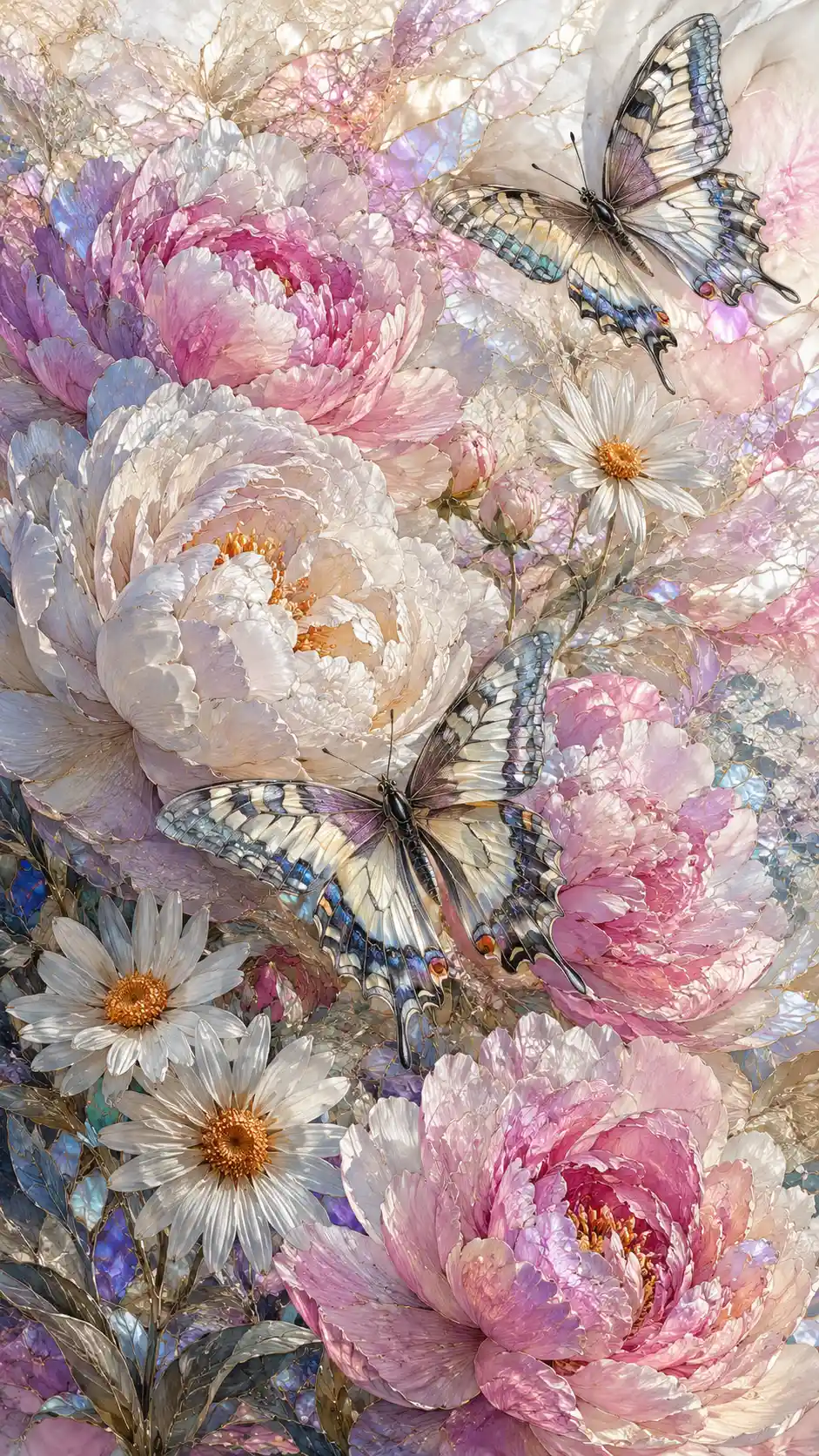 Close up floral illustration with butterflies in mosaic style