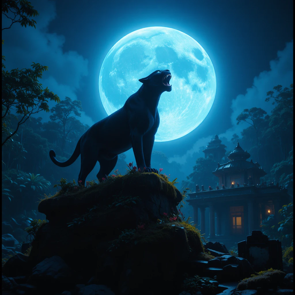 Panthère noire sur un ancien temple de jungle sous une pleine lune lumineuse