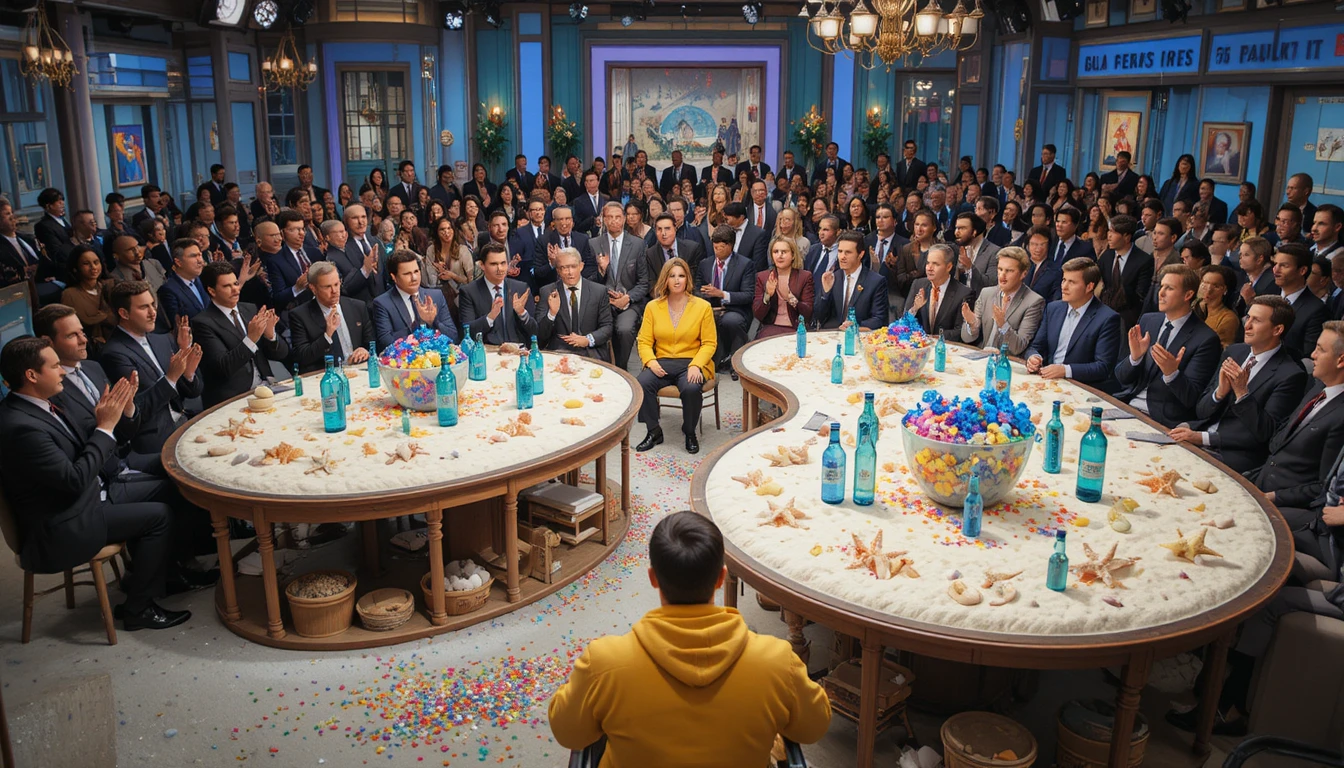 Ripresa grandangolare degli ospiti che applaudono in uno studio TV festoso