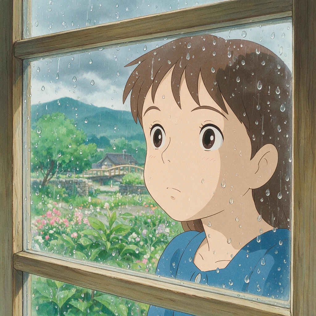 柔和光線下透過雨中窗戶凝望的動漫少女