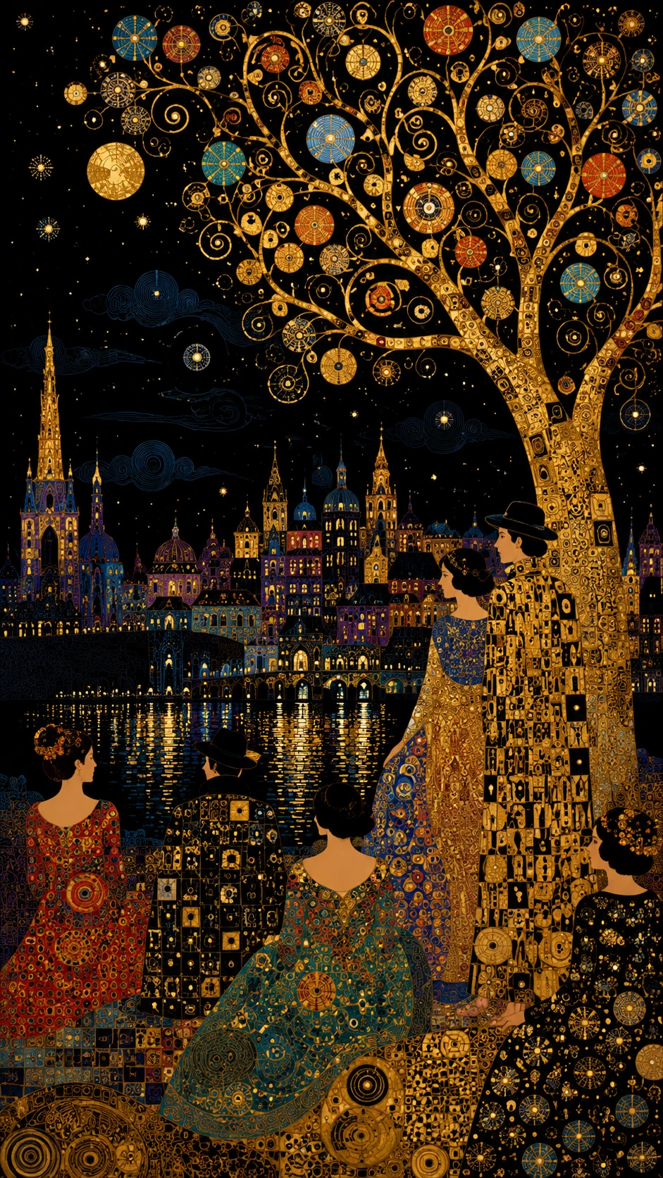 People in colorful fancy dress in a night city scene