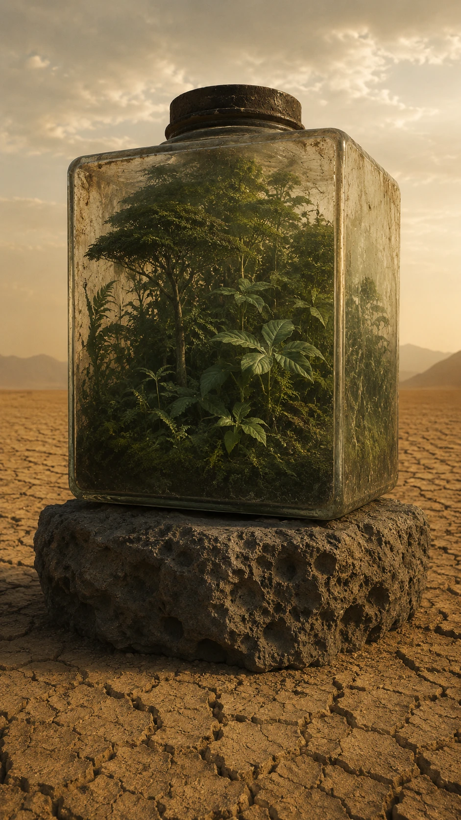 Surrealer Glaskubus-Wald in einer weiten, aufgerissenen Wüste