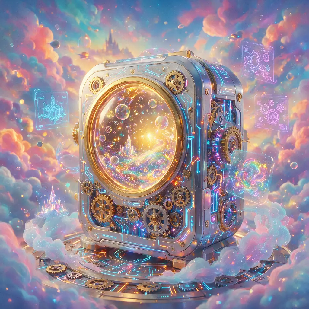 Surreale futuristische Maschine mit Hologrammen und leuchtenden Schaltkreisen