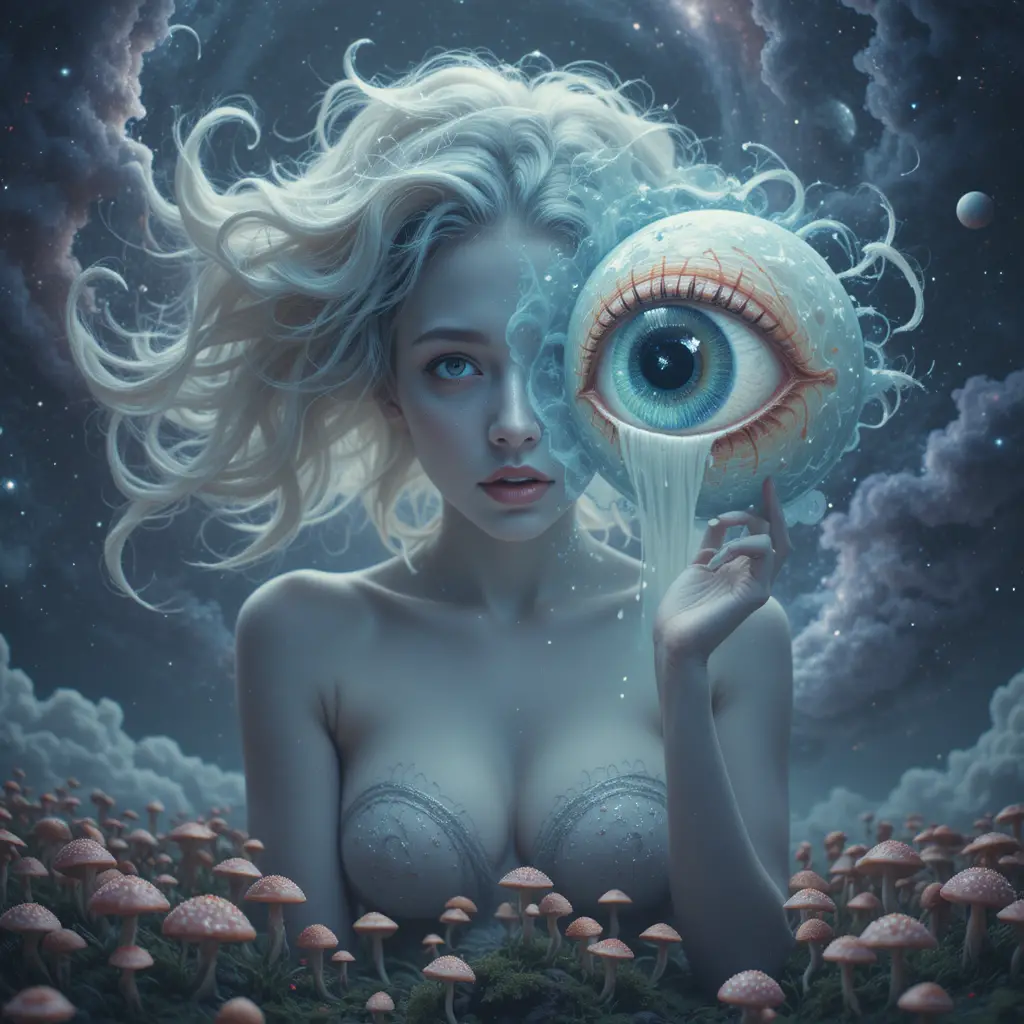 Mujer surreal flotando en el espacio cósmico con ojo desmembrado
