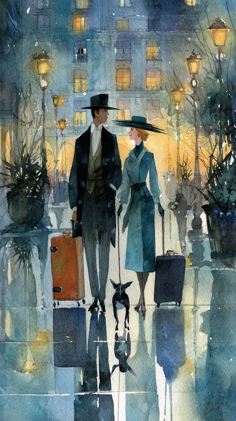 Elegantes Paar mit Hund spaziert nachts durch die Straßen von Paris