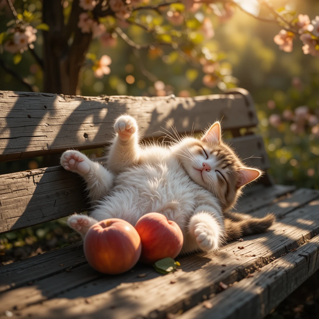 Gato dormindo em banco de madeira na luz quente do jardim