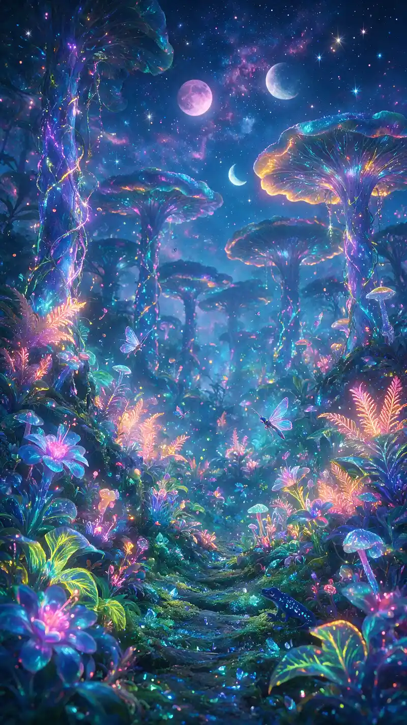 Surreal Alien Jungle With Glowing Plants And Creatures