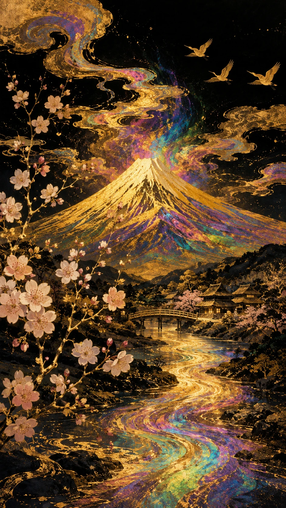 Mont Fuji Doré avec Cerisiers en Fleurs et Rivière Lumineuse