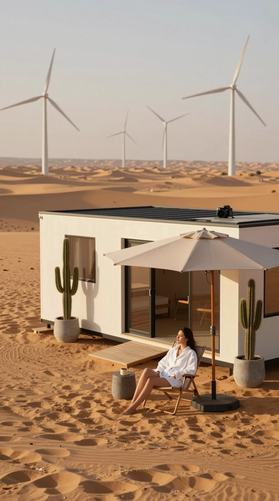 Retraite moderne en tiny house avec femme se relaxant dans le désert