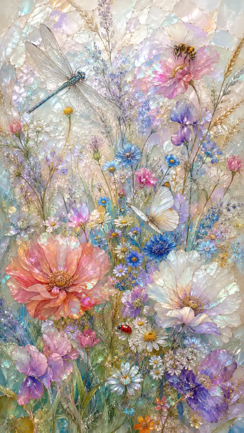 Close up of a summer meadow filled with flowers and insects
