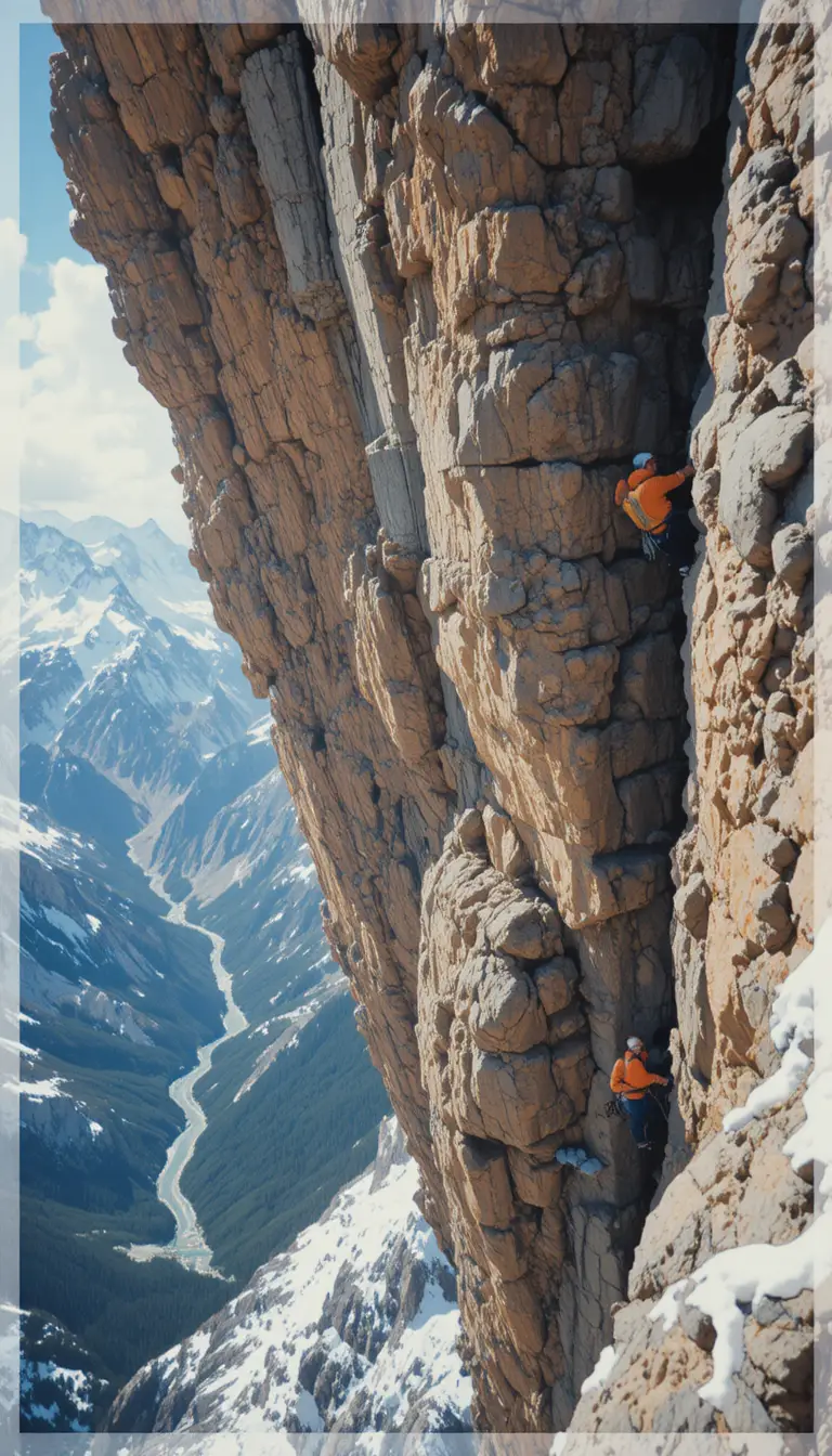 High angle view of climber on steep mountain cliff
