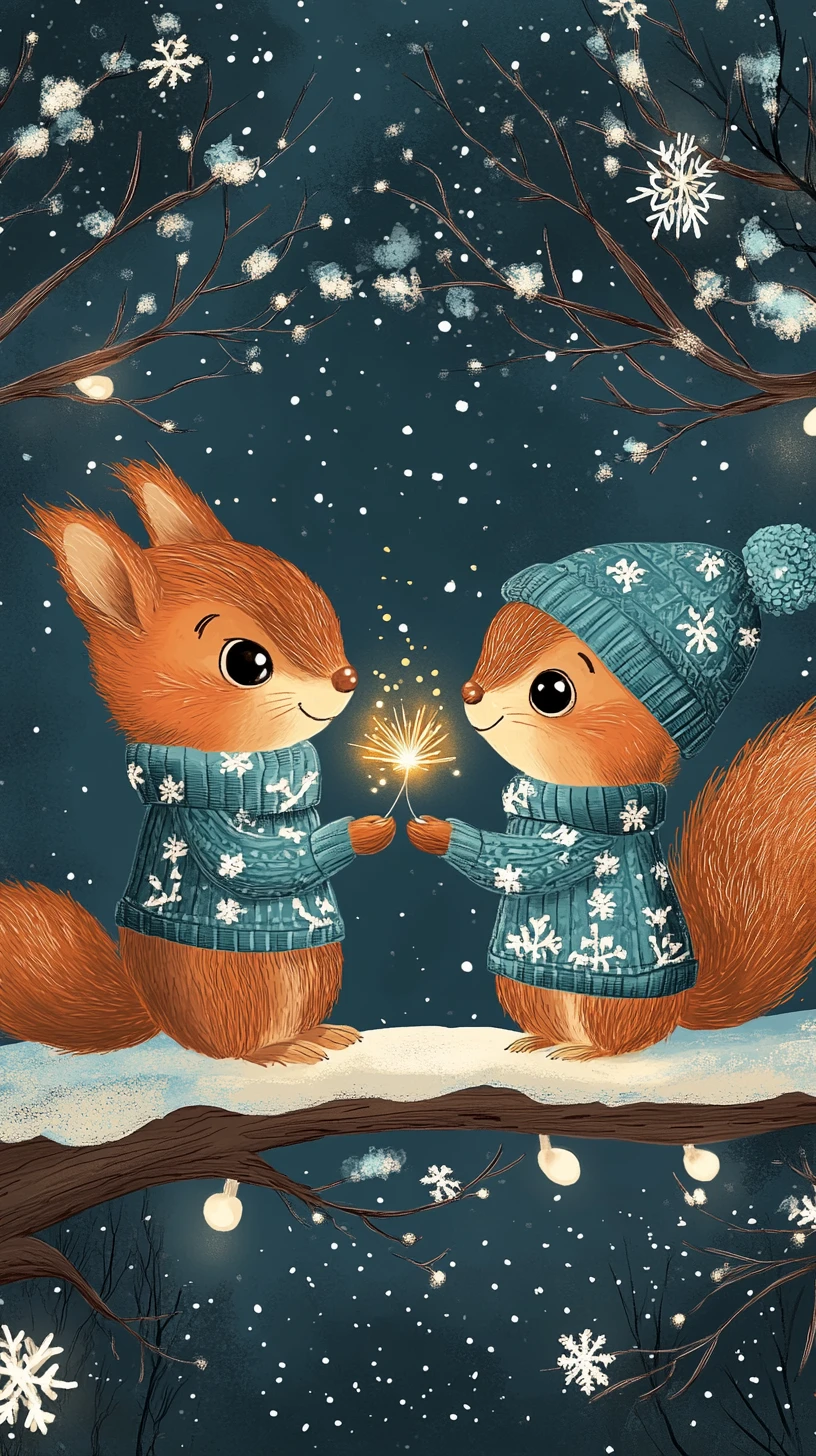 Écureuils romantiques sur une branche enneigée avec des feux d’artifice d’hiver