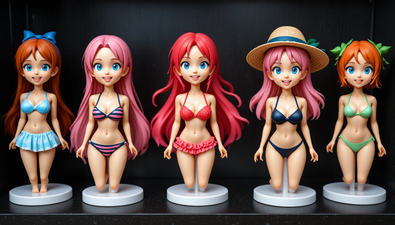 暗いディスプレイ棚に並ぶカラフルなアニメ水着フィギュア