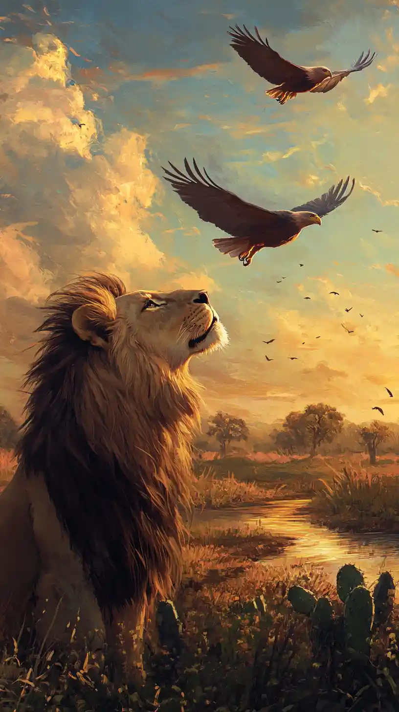 Curious lion watching soaring eagles at sunrise on the savanna