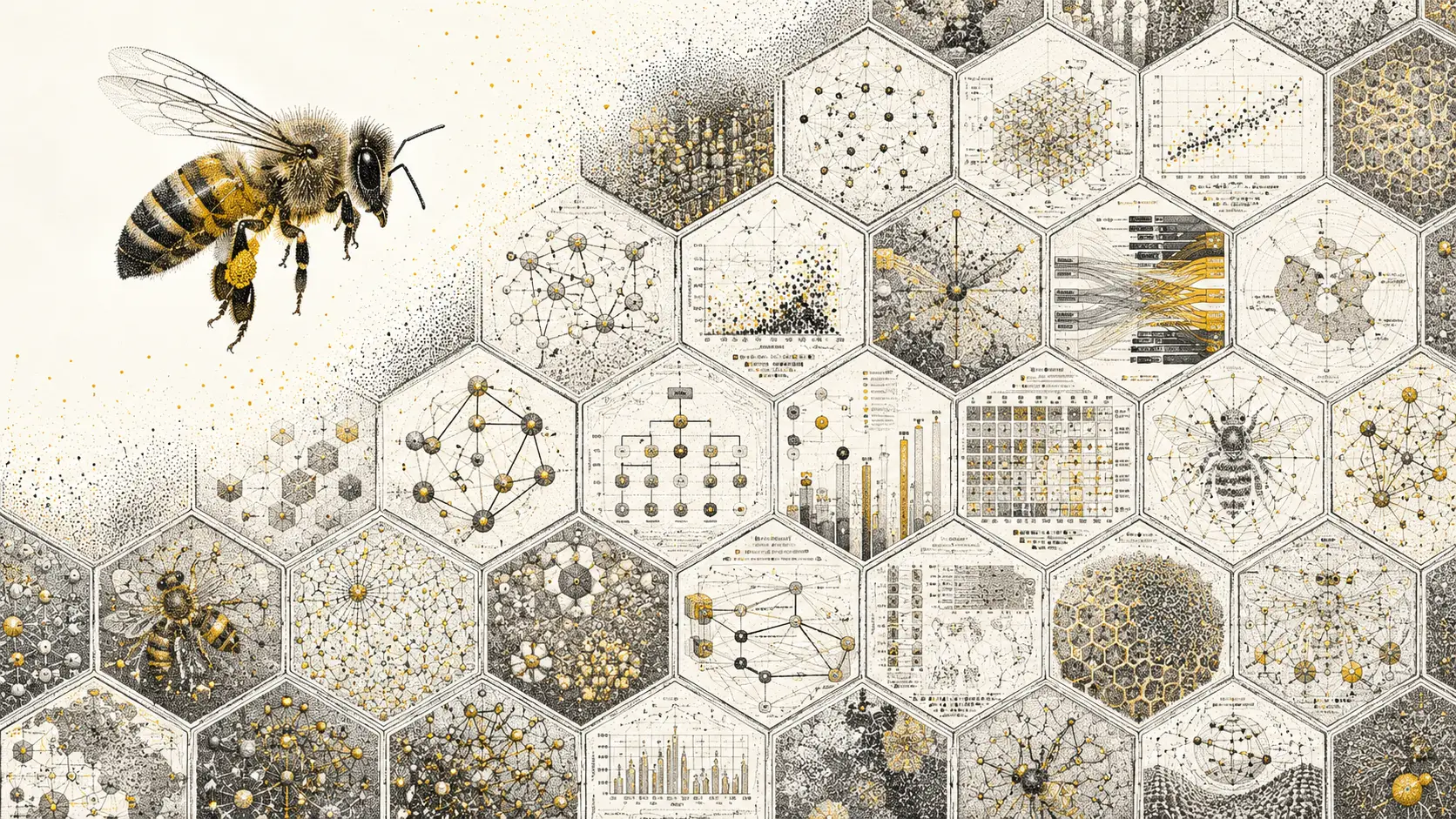 Honigbiene über surrealer Wabe aus Datenvisualisierungen