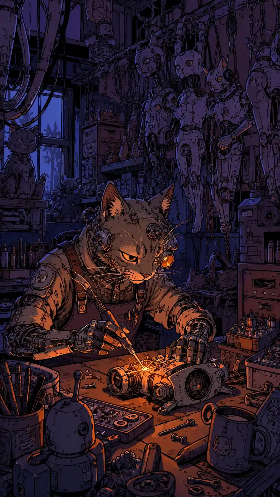 Feline technician in a biopunk robot workshop at night