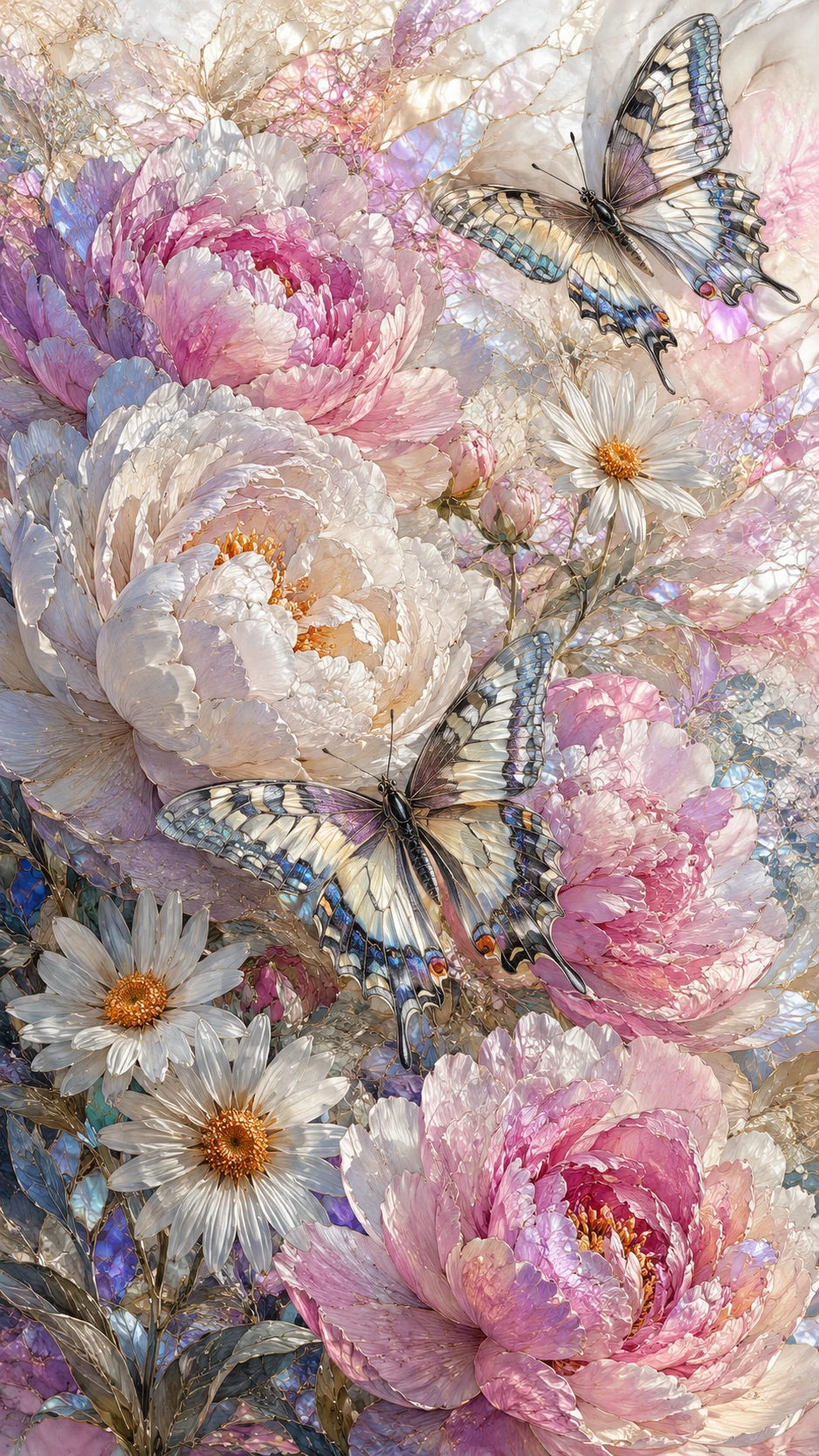 Nahaufnahme einer floralen Illustration mit Schmetterlingen im Mosaikstil