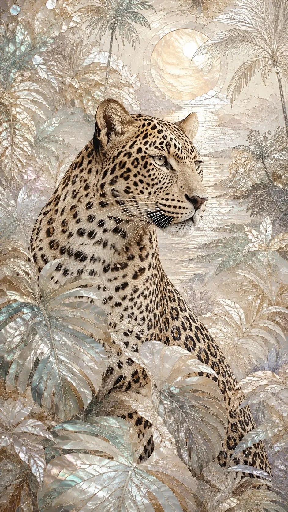 Maestoso leopardo che emerge da un rigoglioso mosaico di giungla