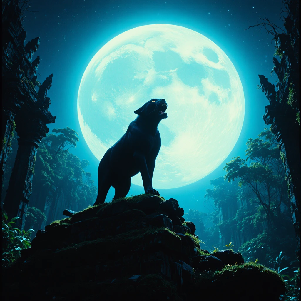 Panthère noire sur un ancien temple dans la jungle sous une pleine lune lumineuse