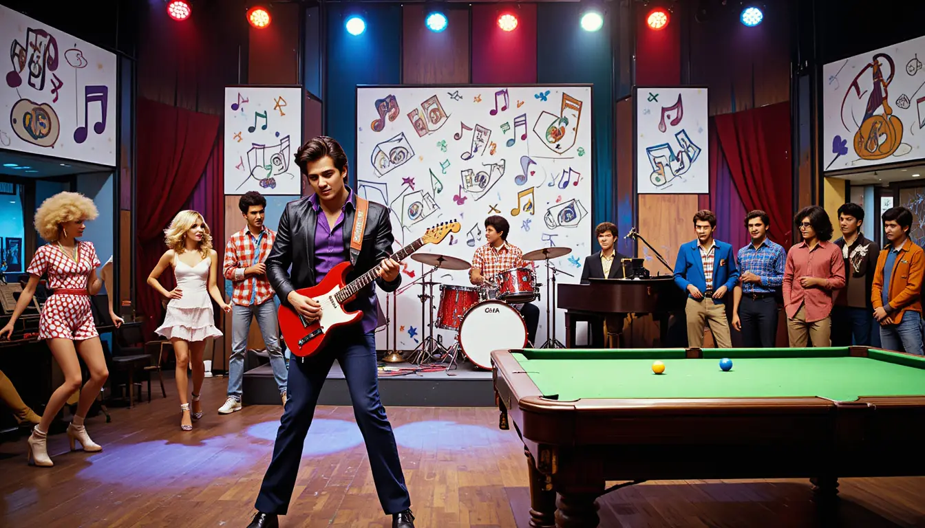 Chitarrista rock che si esibisce su colorato palco TV retrò