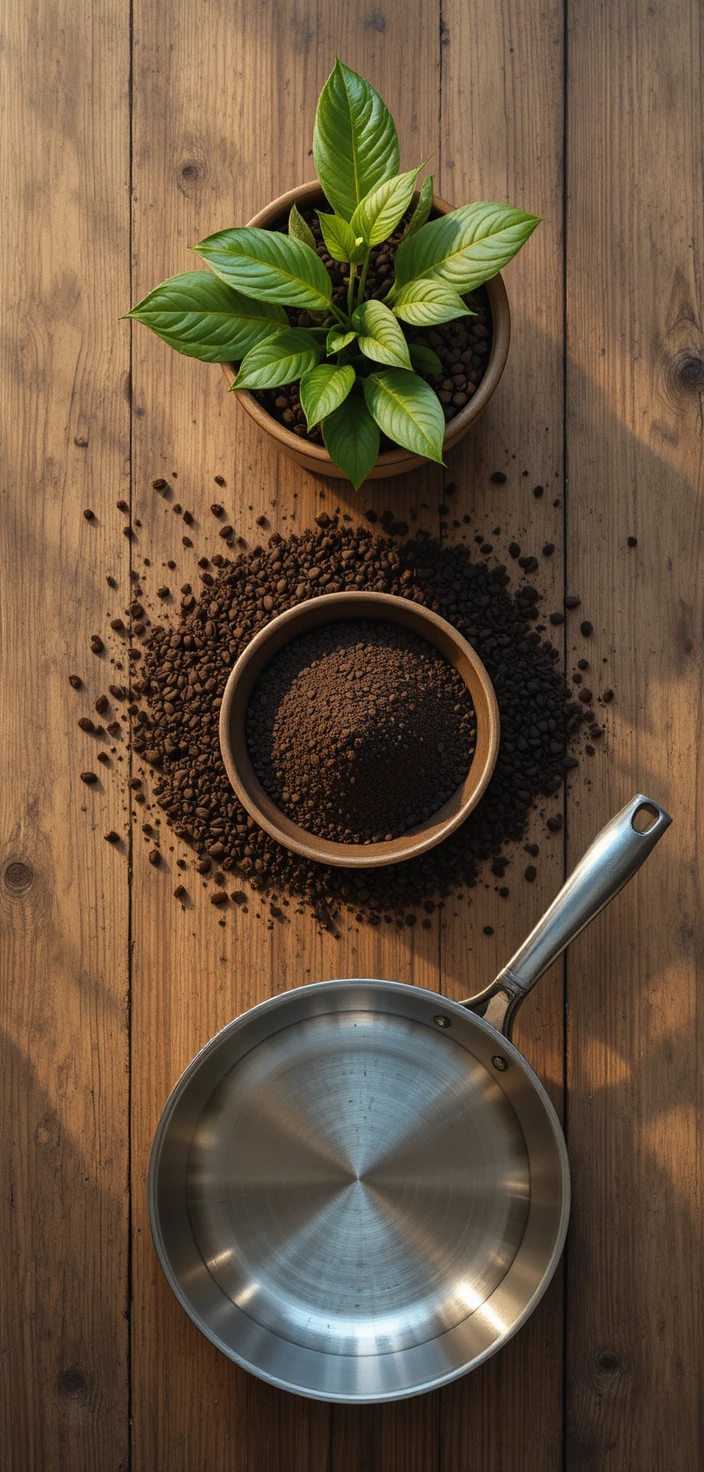 Cinematische Flatlay-Aufnahme von gebrauchten Kaffeeresten und Pflanze