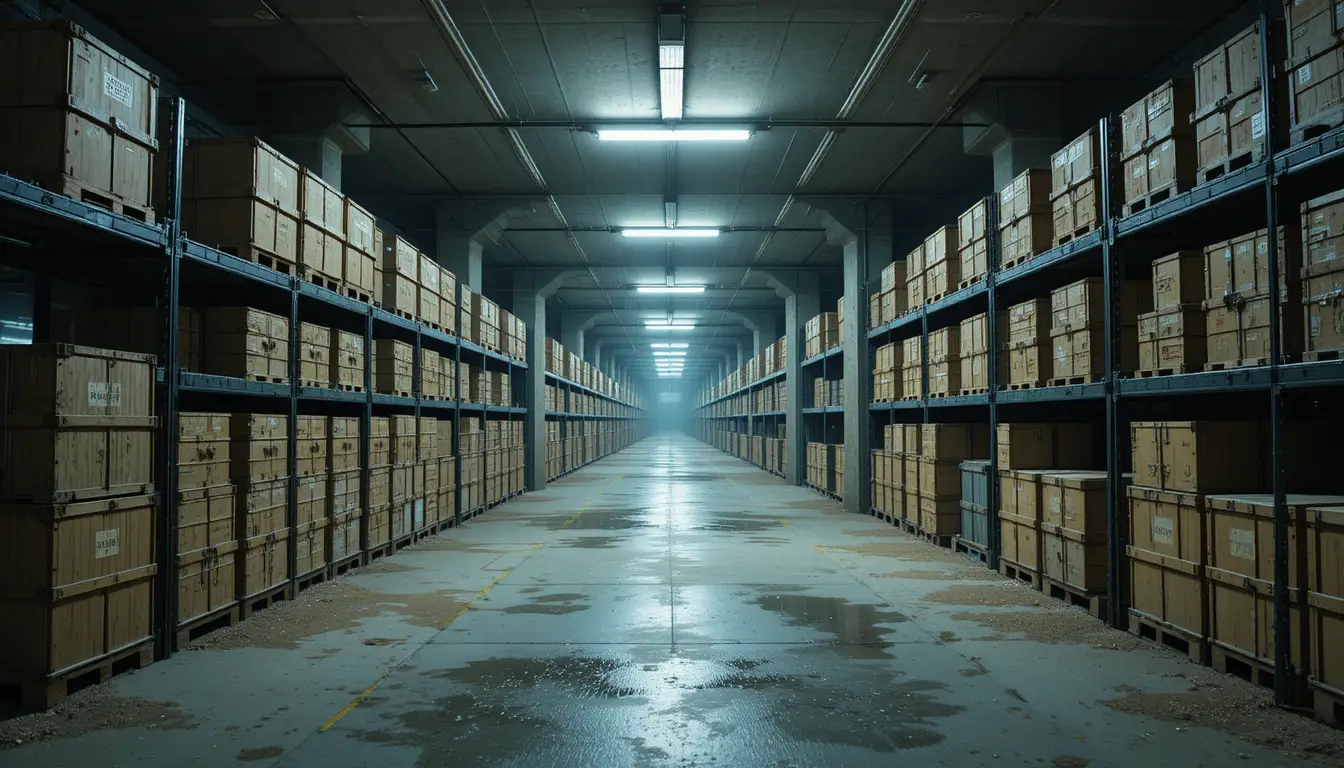 Underground storage filled with medical crates under harsh light