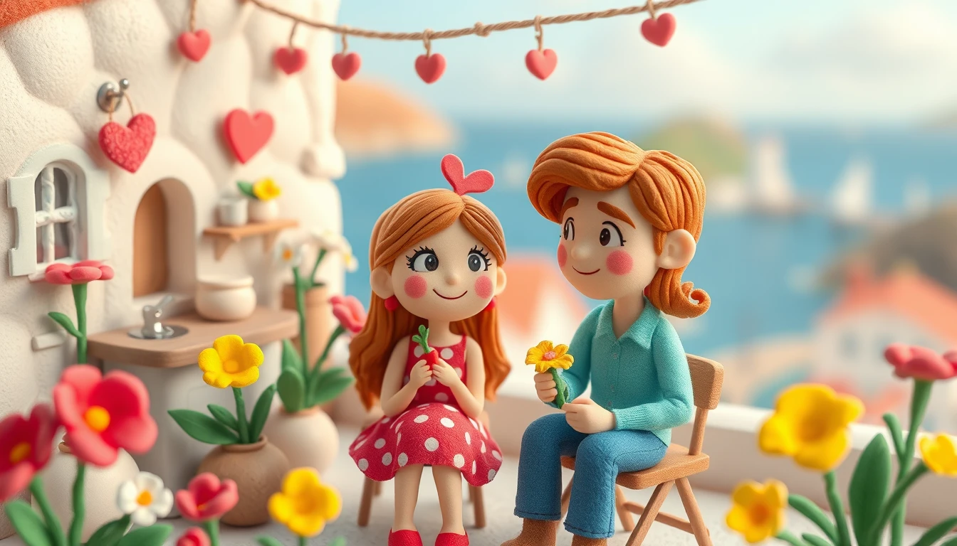Buffa bambina di argilla con fiori in un villaggio sul mare