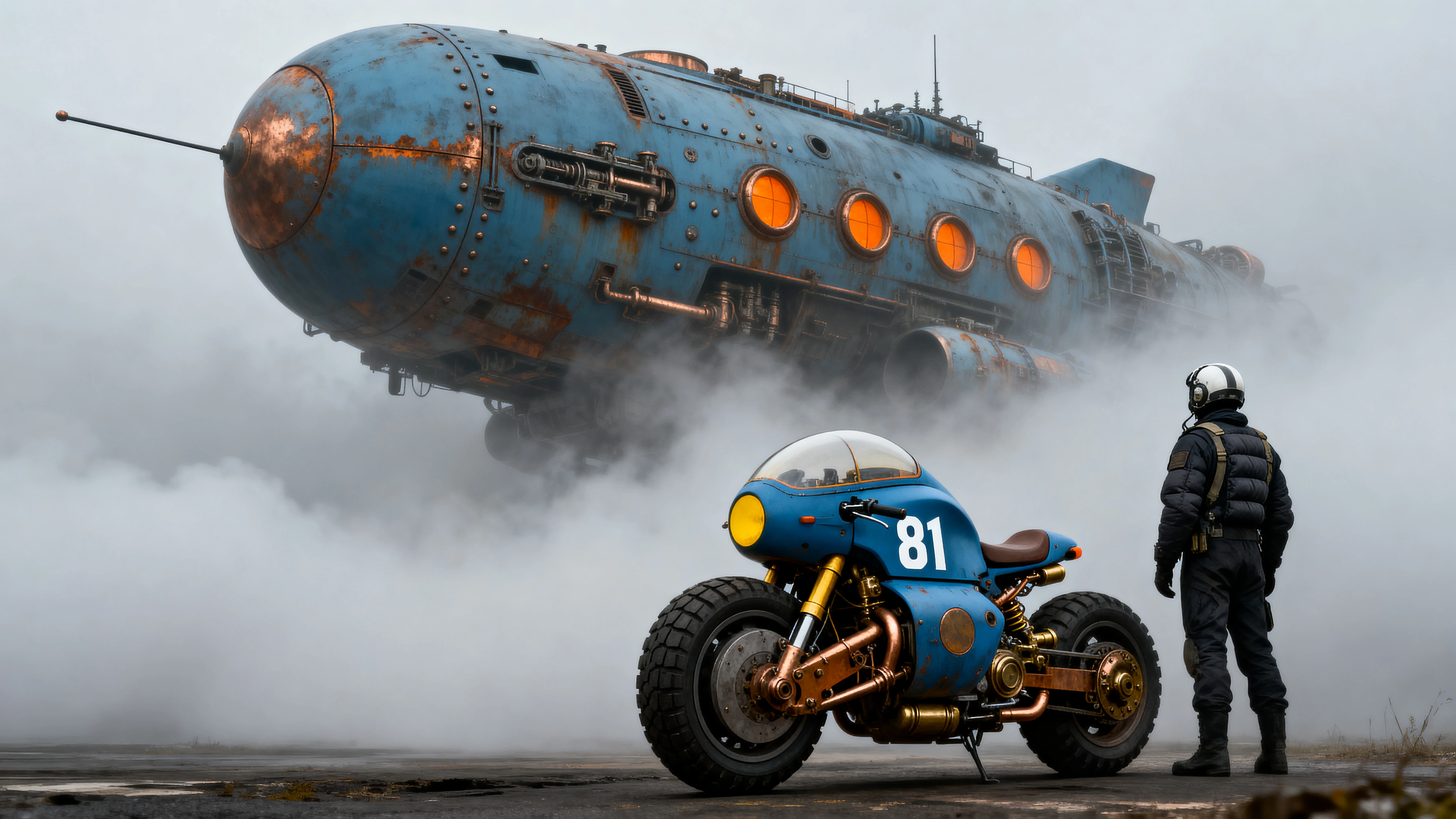 Massives blaues Raumschiff über futuristischem Motorrad
