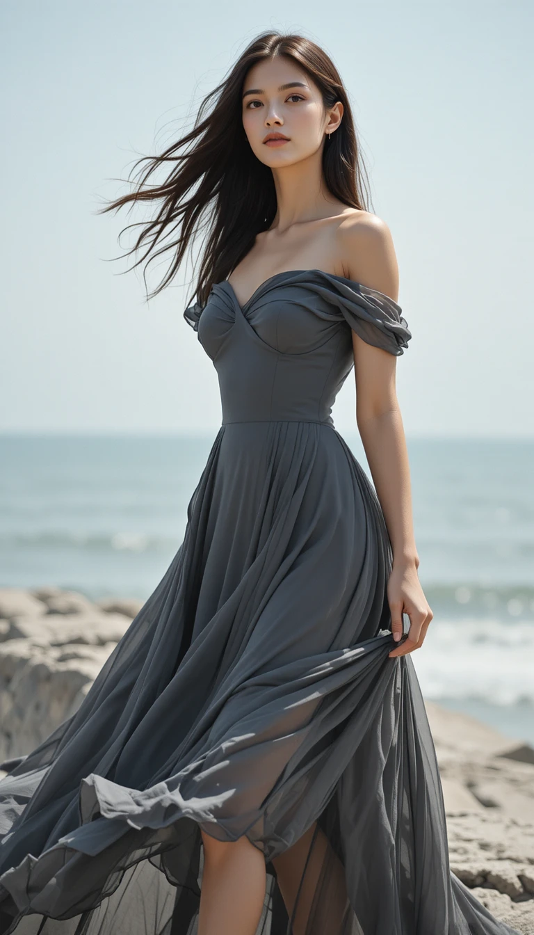 Elegante Frau im fließenden anthrazitfarbenen Kleid am Meer