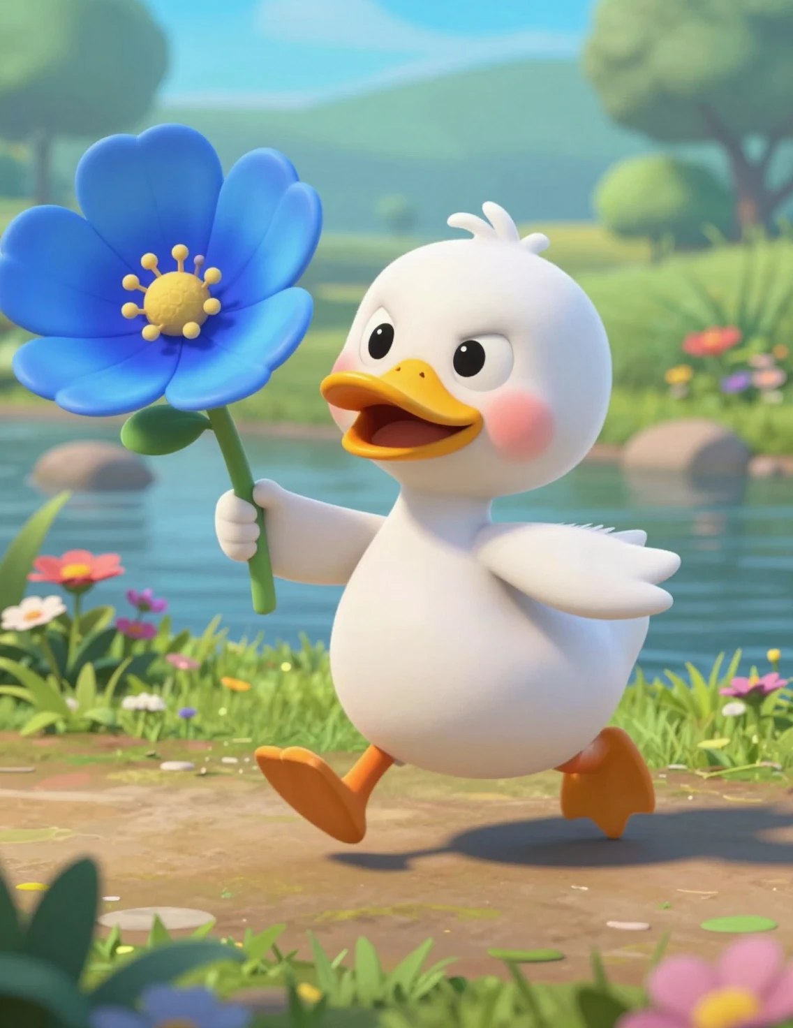 Süßes 3D-Entenküken-Held läuft an einem blumigen Flussufer