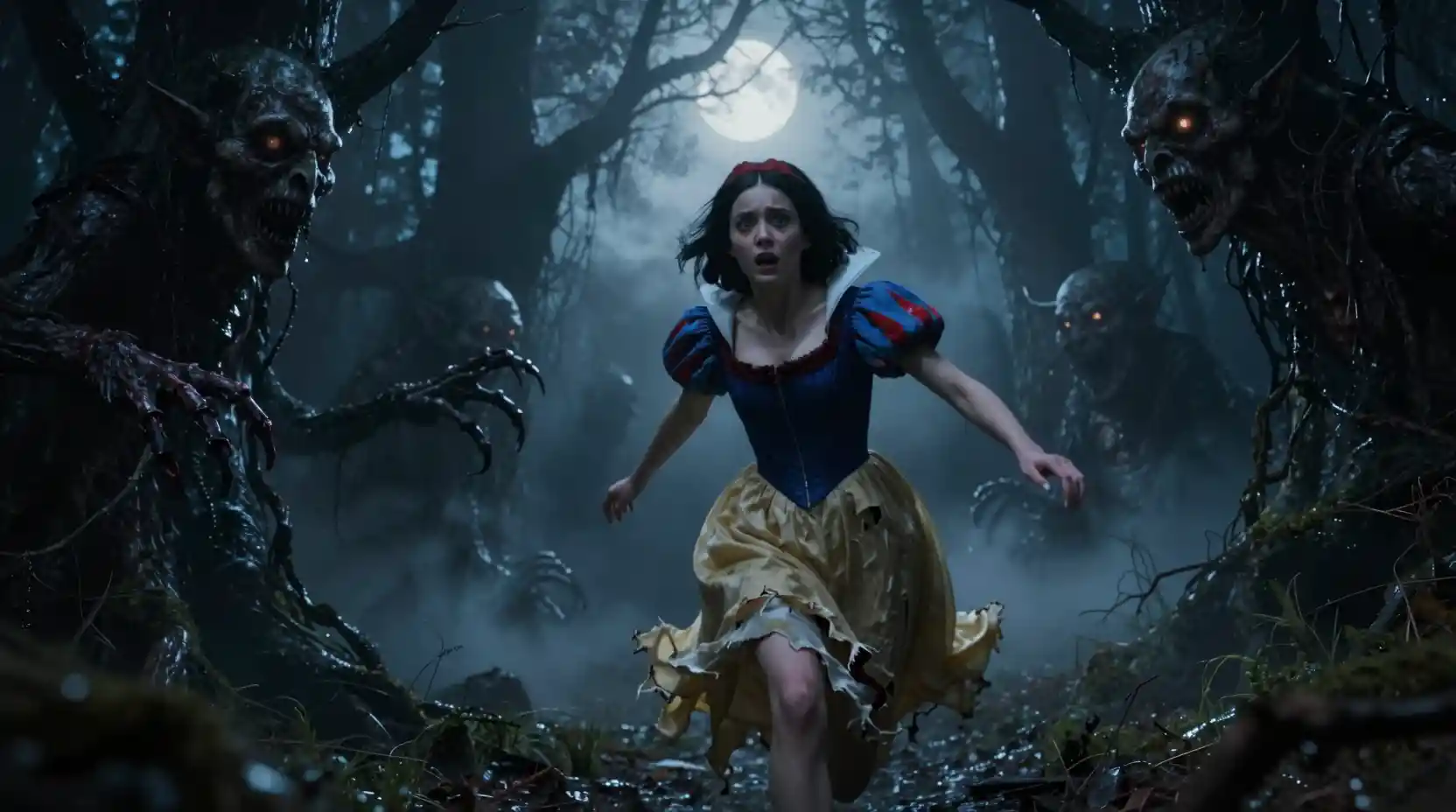 Snow White running in terror through a dark haunted forest