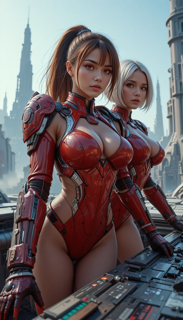 Duas mulheres de ficção científica em armadura vermelha inclinadas sobre o console