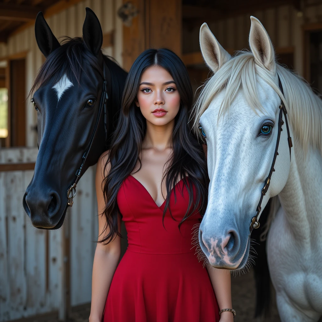 Mulher de vestido vermelho ao lado de cavalos em celeiro rural