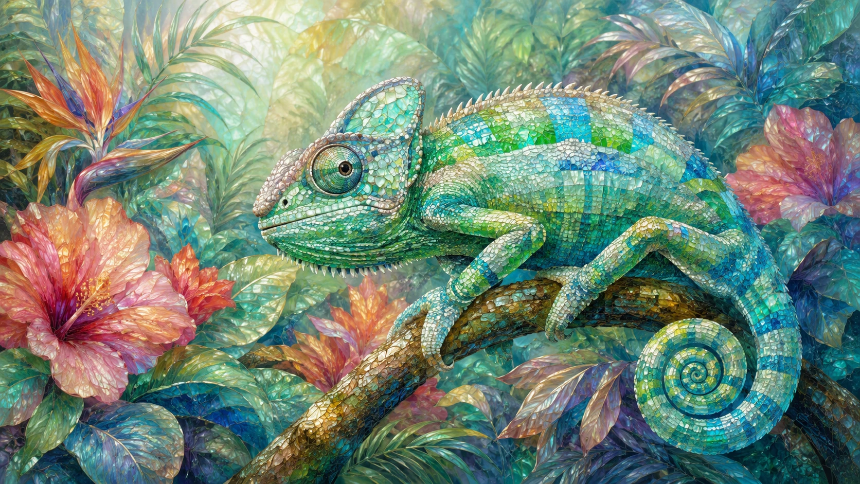 Farbenfrohes Chamäleon in üppigem tropischem Dschungel – Illustration